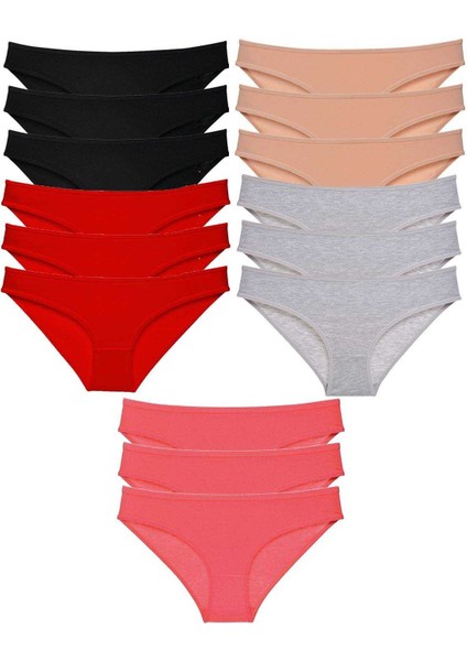 15 Adet Süper Eko Set Likralı Kadın Slip Külot Siyah Kırmızı Ten Gri Fuşya