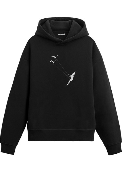 Kuşlarla Uçan Kadın Figürü Tasarım Baskılı Sanatsal Unisex Kapüşonlu Hoodie