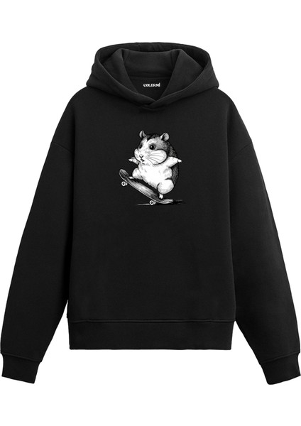 Kaykay Yapan Hamster Figürü Tasarım Baskılı Eğlenceli Unisex Kapüşonlu Hoodie