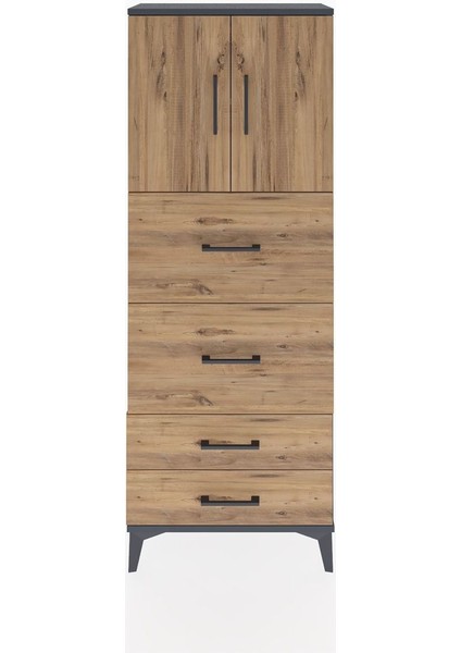 Arges Dolap 2 Raflı 4 Çekmeceli 2 Kapaklı 60X30X163 Antrasit-Çam