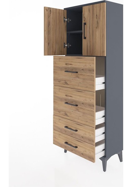 Arges Dolap 2 Raflı 4 Çekmeceli 2 Kapaklı 60X30X163 Antrasit-Çam fırsatları