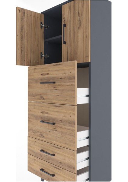 Arges Dolap 2 Raflı 4 Çekmeceli 2 Kapaklı 60X30X163 Antrasit-Çam indirimleri