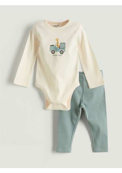 Yeni Sezon Bisiklet Yaka Uzun Kollu Baskılı Erkek Bebek Çıtçıtlı Body ve Pantolon 2'li Takım