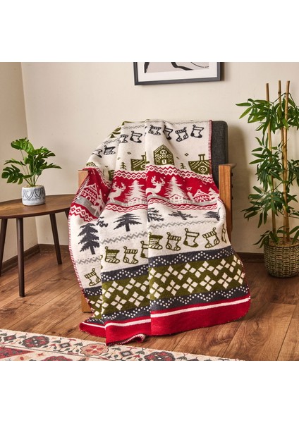 Soft Nordic Pamuklu Tv Battaniyesi - Kırmızı / Yeşil - 130X170 cm