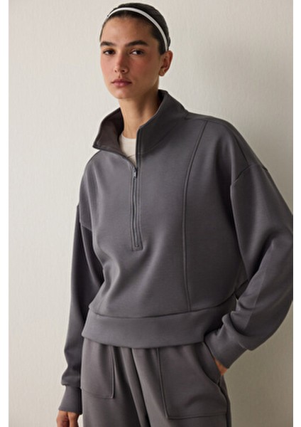 Gri Modal Dik Fermuar Yaka Sweatshirt