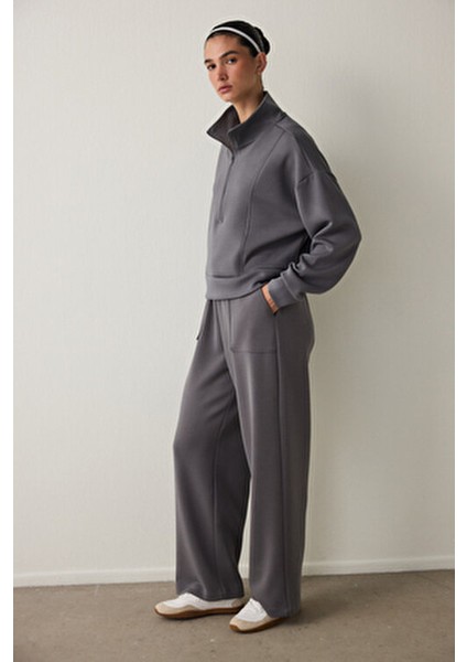 Gri Modal Dik Fermuar Yaka Sweatshirt