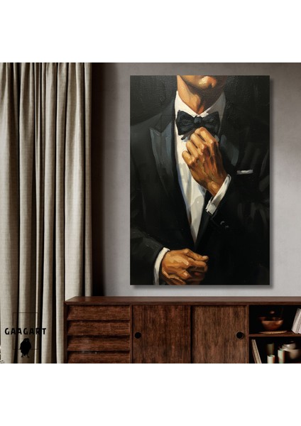 Tekli Dikey Kanvas Tablo Takım Elbiseli Papyonlı Erkek Silüeti