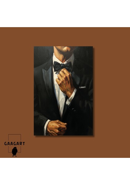 Tekli Dikey Kanvas Tablo Takım Elbiseli Papyonlı Erkek Silüeti modelleri