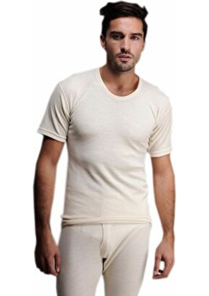 Erkek Krem Erkek Yün Kısa Kol Fanila % 75 Yün 25 Akriliktir