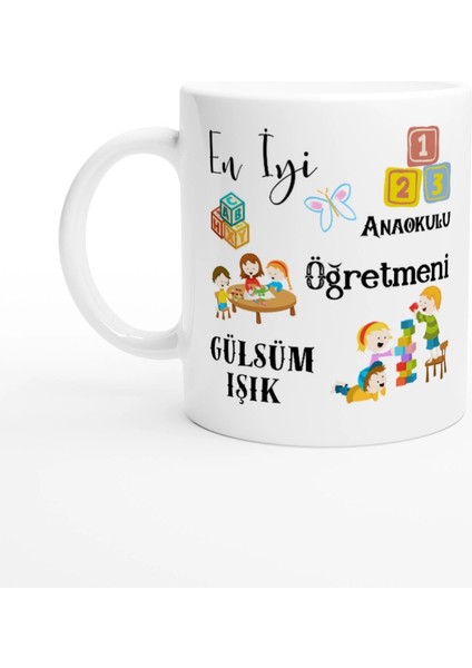 Anaokulu Öğretmeni Hediyesi – Kişiye Özel Porselen Kupa Bardak, Çift Taraf Baskılı, 300 Ml, Kutulu