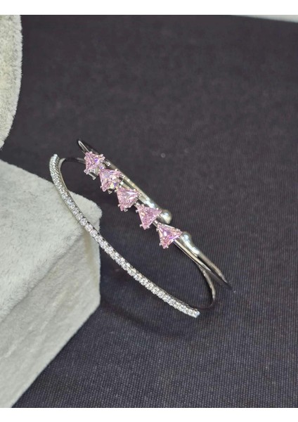 Pembe Üçgen Taşlı Zirkon Taşlı Çelik Kadın Kelepçe Bileklik