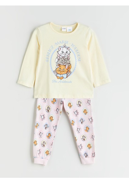 Yeni Sezon Bisiklet Yaka Aristocats Baskılı Kız Çocuk Pijama Takımı