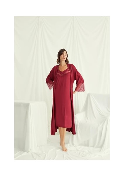 Monamise Dekolteli Yakası ve Kolu Dantelli Sabahlık Takımı