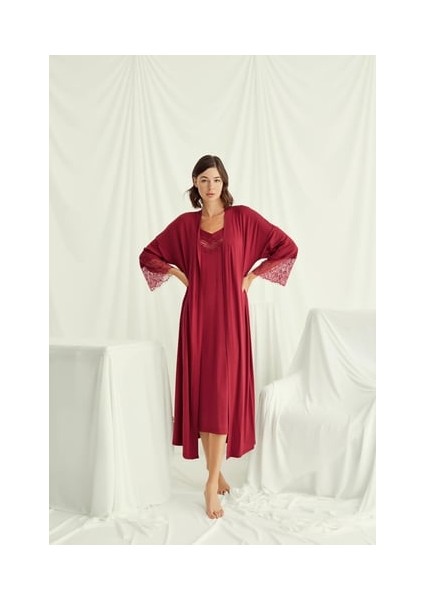 Monamise Dekolteli Yakası ve Kolu Dantelli Sabahlık Takımı