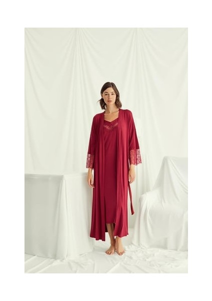 Monamise Dekolteli Yakası ve Kolu Dantelli Sabahlık Takımı