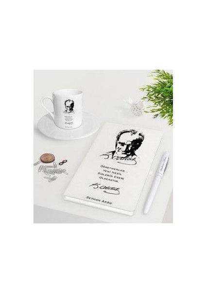 Kişiye Özel Atatürk Öğretmen Beyaz Defter Kalem Türk Kahvesi Fincanı Seti-2