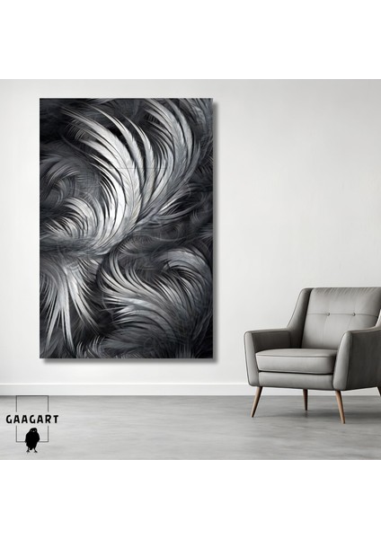 Tekli Dikey Kanvas Tablo Siyah Fon ve Beyaz Kuş Tüyleri