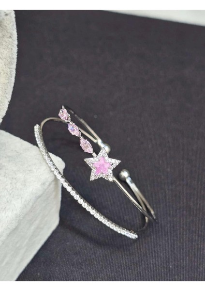 Pembe Sıralı Yıldız Zirkon Taşlı Çelik Kadın Kelepçe Bileklik