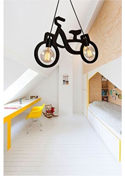 Ahşap Wooden Siyah Bisiklet Sarkıt Avize Ahşap Lüks Rustik Modern Dekoratif Lamba Çocuk Odası Avize