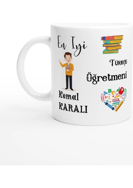 Türkçe Öğretmeni Hediyesi – Kişiye Özel Porselen Kupa Bardak, Çift Taraf Baskılı, 300 Ml, Kutulu
