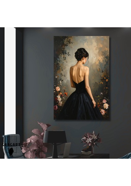Tekli Dikey Kanvas Tablo Sırt Dekolteli Çiçekli Yağlı Boya Görünümlü Kadın