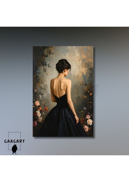 Tekli Dikey Kanvas Tablo Sırt Dekolteli Çiçekli Yağlı Boya Görünümlü Kadın modelleri