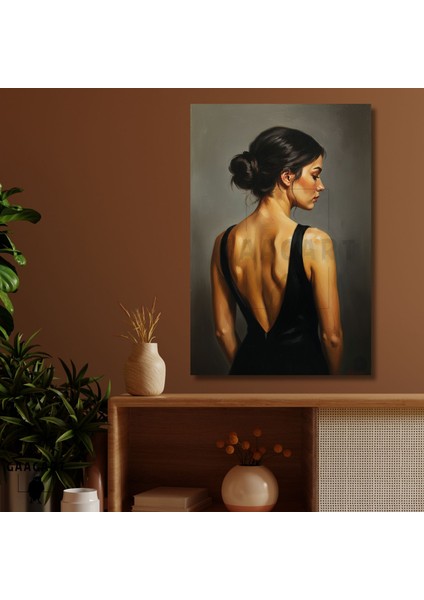 Tekli Dikey Kanvas Tablo Sırt Dekolteli Yağlı Boya Görünümlü Kadın