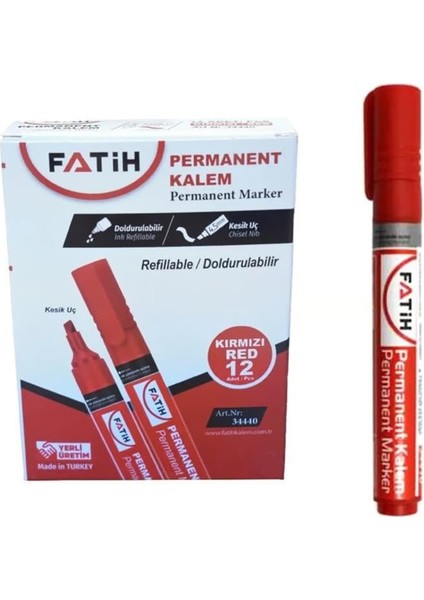 Fatih Doldurulabilir Kırmızı Renk Marker Koli· Kalemi· Kesik Uç 4.5mm 12'li Paket