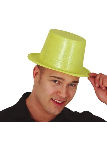 Floresan Sarı Renk Simli Uzun Fötr Melon Şapka 12 cm