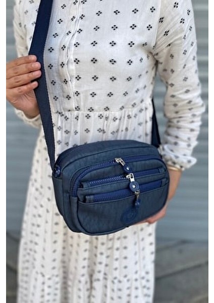 Kadın Krinkıl Çapraz Askılı Omuz Çantası Lacivert Düz Desenli
