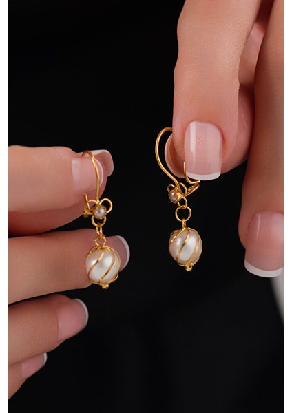 14 Ayar Altın Mardin Işi Kafesli Sallantılı Inci Küpe modelleri