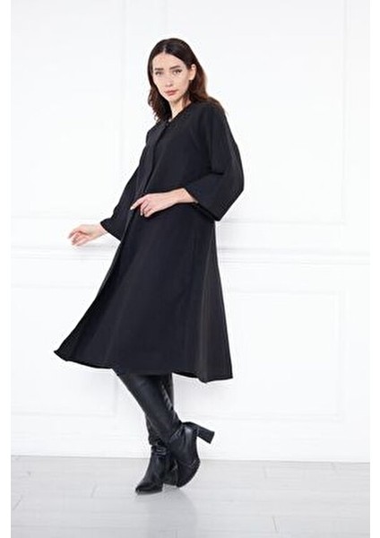 Kadın Trend Oversize Uzun Kol Şık Siyah Kaşe Panço