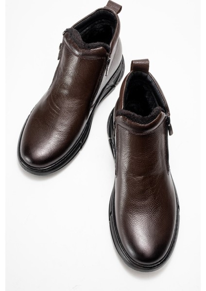 Hakiki Deri, Kürklü, Flotter Gerçek Deri, Erkek Bağcıksız Fermuarlı Bot