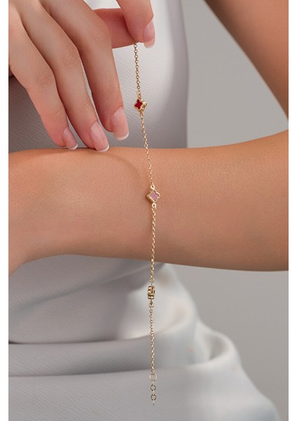 14 Ayar Altın Kırmızı Yonca Bileklik modelleri