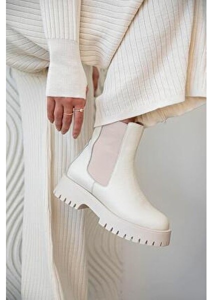 Kante Kadın Lastik Detay Hakiki Deri Postal Bot Bej