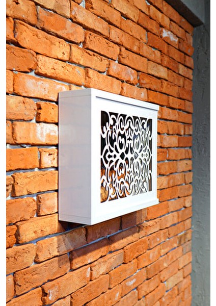 Beyaz Ahşap Modem Saklama Kutusu Sürgülü Model Yana Açılır Motifli 35Y x 35G x 11D