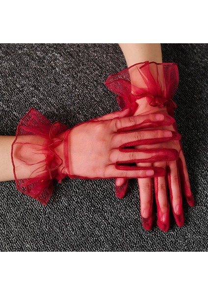 Kısa Boy Likralı Güpürlü Yetişkin Tül Eldiven Kırmızı Renk fırsatları