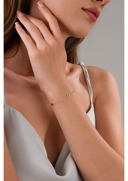 14 Ayar Altın Zarif Yeşil Yonca Bileklik