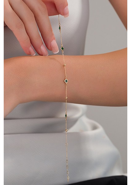 14 Ayar Altın Zarif Yeşil Yonca Bileklik modelleri