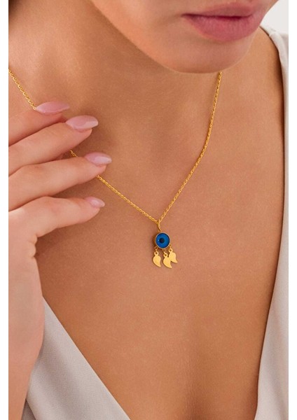 14 Ayar Altın Damla Pullu Mavi Gözlü Kolye