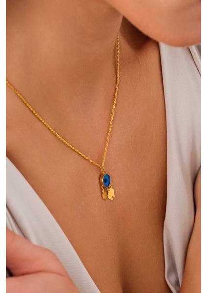 14 Ayar Altın Damla Pullu Mavi Gözlü Kolye fırsatları