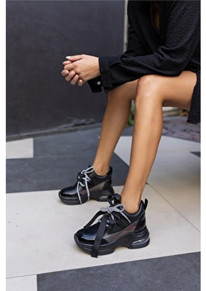 Hanna Kadın Siyah Cilt Siyah Taban Dolgu Topuklu Ayakkabı