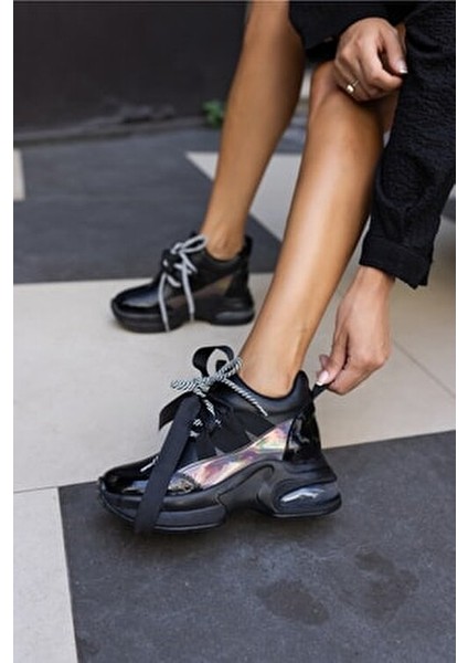 Hanna Kadın Siyah Cilt Siyah Taban Dolgu Topuklu Ayakkabı modelleri