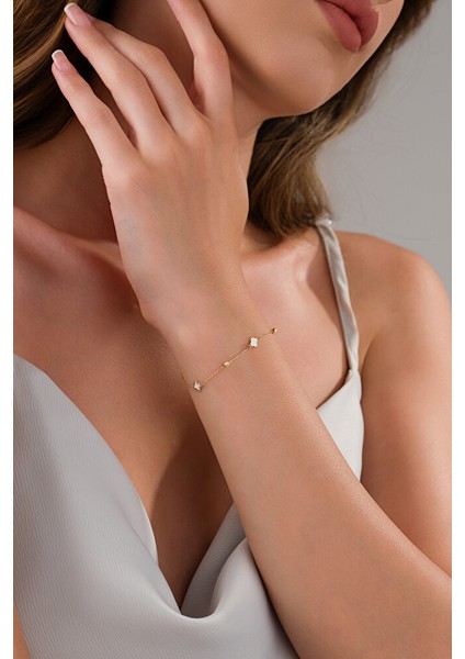 14 Ayar Altın Zarif Beyaz Yonca Bileklik