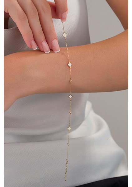 14 Ayar Altın Zarif Beyaz Yonca Bileklik modelleri