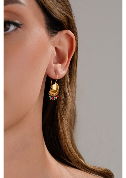 14 Ayar Altın Mardin Işi Renkli Taşlı Sallantılı Küpe