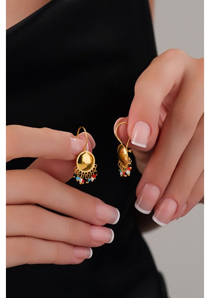 14 Ayar Altın Mardin Işi Renkli Taşlı Sallantılı Küpe modelleri