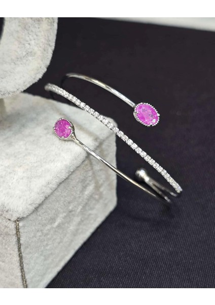 Pembe Taşlı Çift Başlıklı Kadın Kelepçe Çelik Bileklik