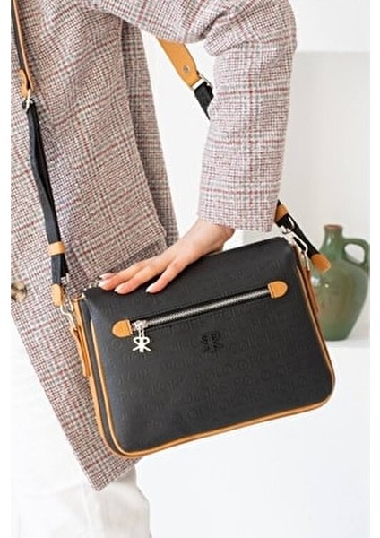 Kadın Siyah Camel 5 Bölmeli Ayarlanabilir Uzun Askılı Omuz ve Çapraz Çantası TM44444