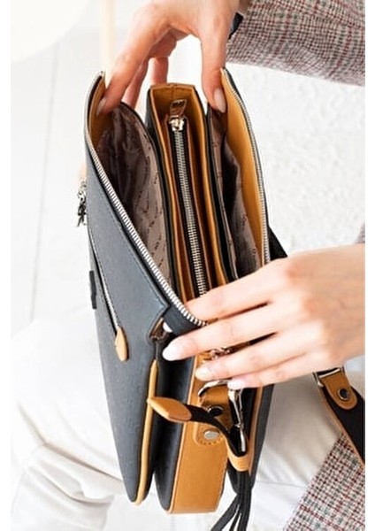 Kadın Siyah Camel 5 Bölmeli Ayarlanabilir Uzun Askılı Omuz ve Çapraz Çantası TM44444 fiyatları